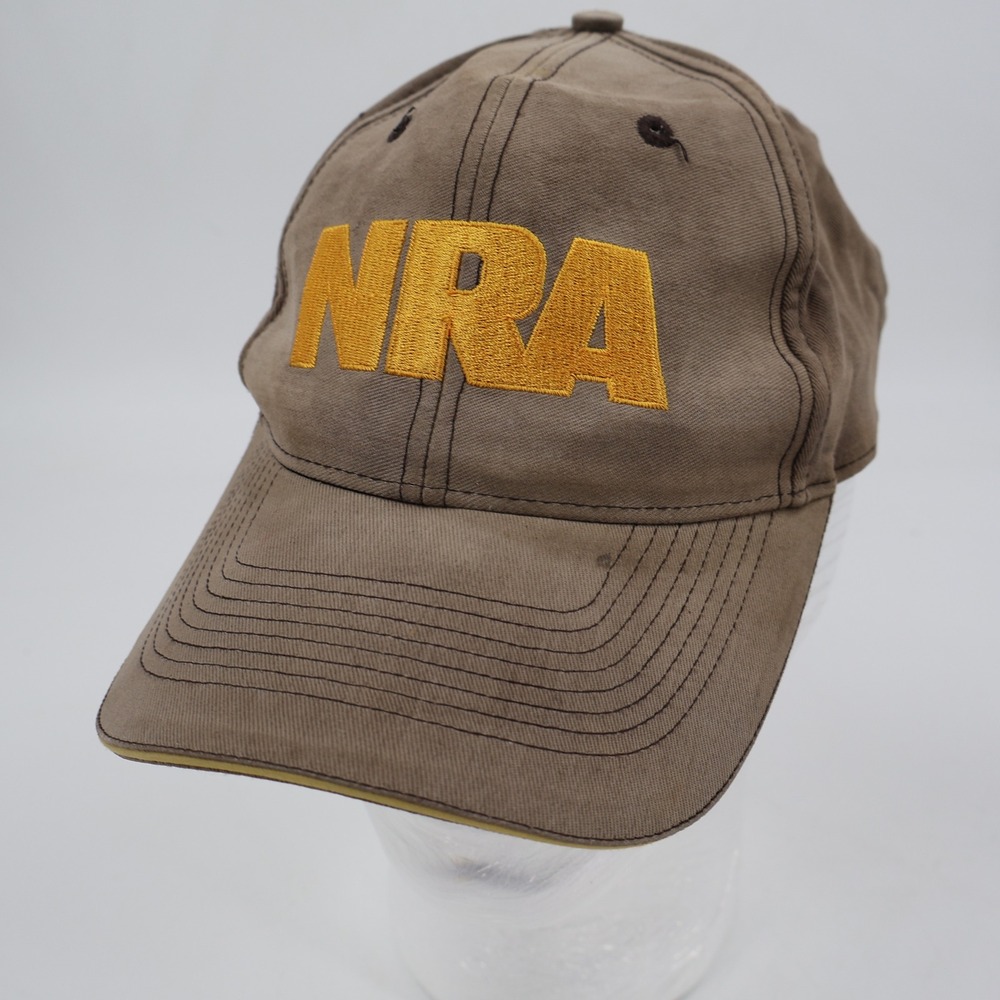 NRA Baseball Cap Mens OSFM Brown Yellow Embroidered American Flag Patch Hat